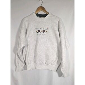 Vintage Crochet Sweatshirt Womens Large Gray Hearts Walking Embroidered USA